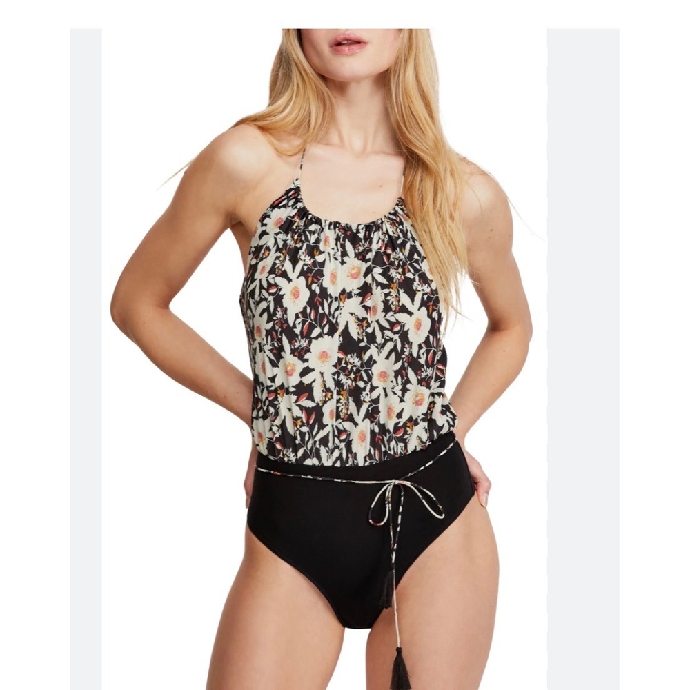 Intimately Free People Floral Halter Bodysuit Black‎ Open Back Tassel Size M